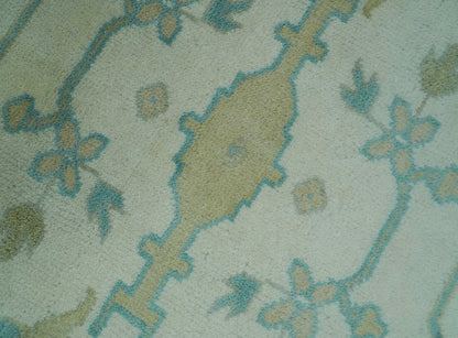 Ivory and Aqua Hand Knotted Oriental Oushak Custom Made Wool Rug.