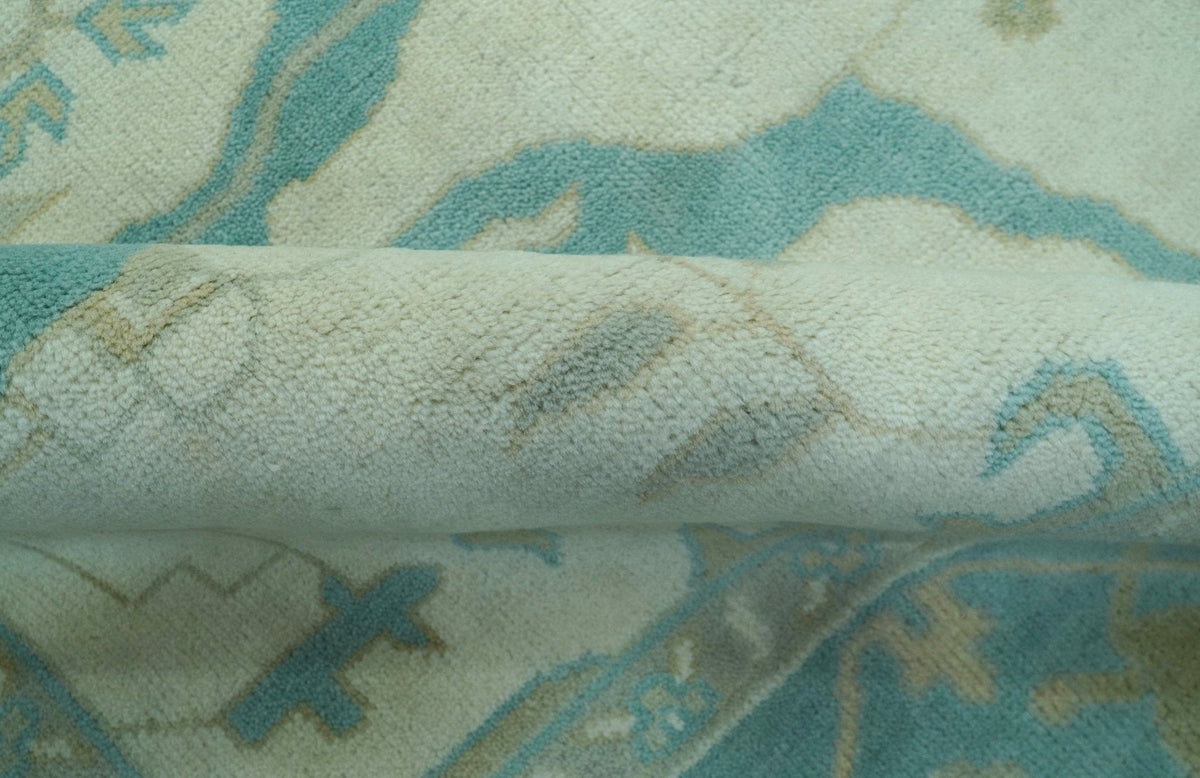 Ivory and Aqua Hand Knotted Oriental Oushak Custom Made Wool Rug.