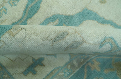Ivory and Aqua Hand Knotted Oriental Oushak Custom Made Wool Rug.