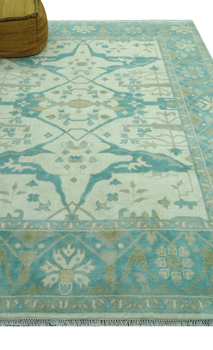 Ivory and Aqua Hand Knotted Oriental Oushak Custom Made Wool Rug.