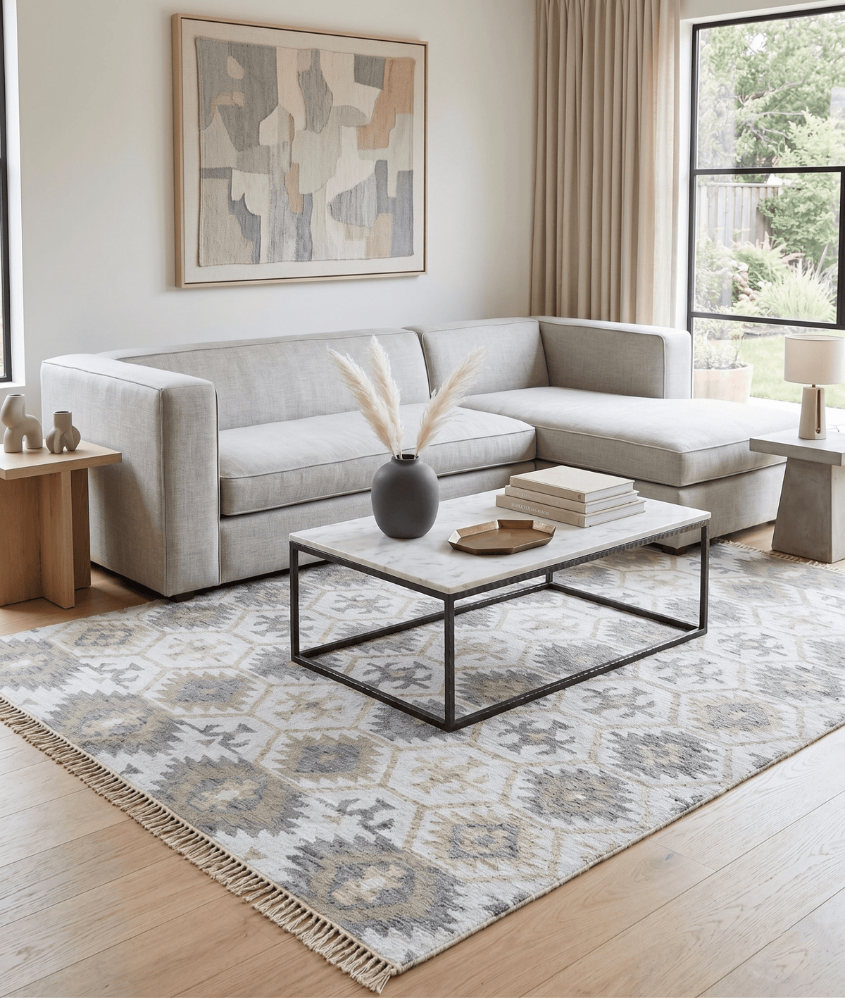 Ivory And Beige Modern Style Fine Wool and Viscose Rug.