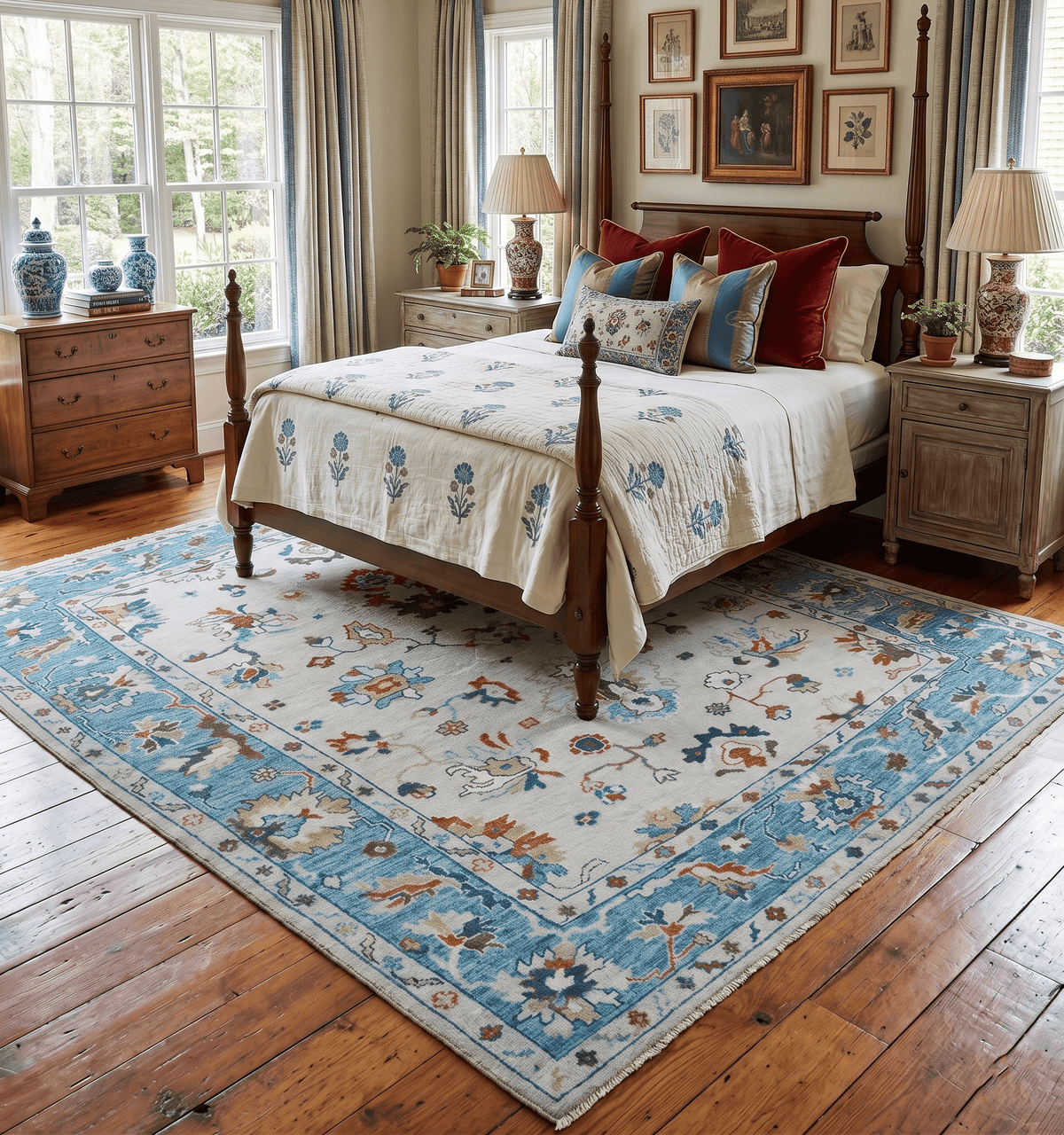 Ivory and Blue Hand knotted Traditional Oushak wool Area Rug.