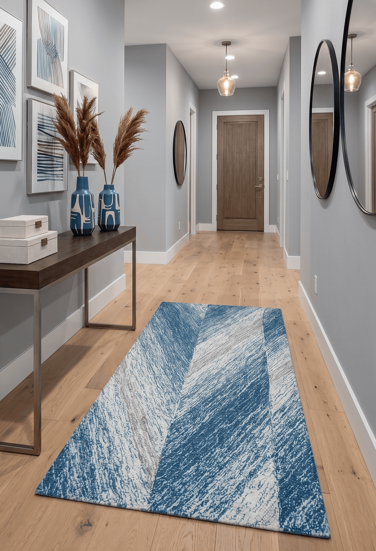 Ivory And Blue Modern Abstract Hand Woven Wool Area Rug.