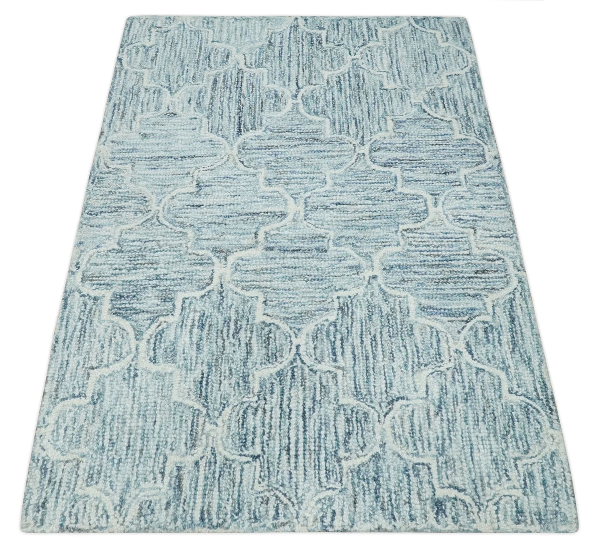 Ivory and Blue Modern Geometric Hand Tufted Multi Size Natural Wool Area Rug.