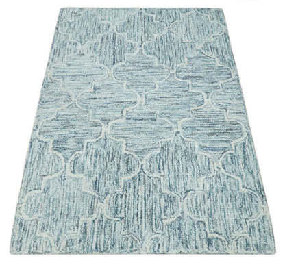 Ivory and Blue Modern Geometric Hand Tufted Multi Size Natural Wool Area Rug.