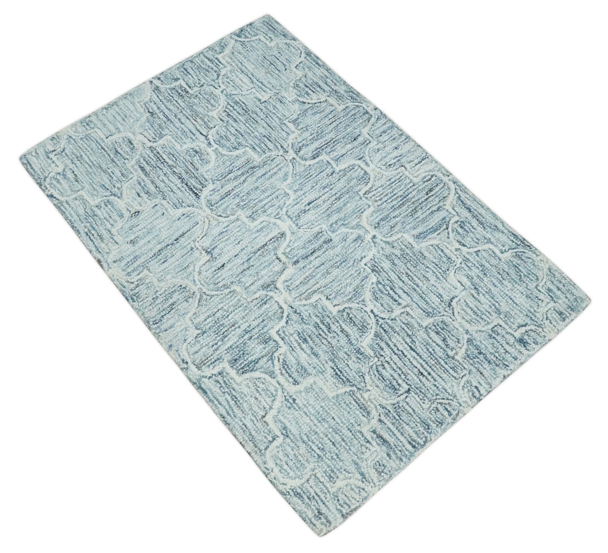 Ivory and Blue Modern Geometric Hand Tufted Multi Size Natural Wool Area Rug.