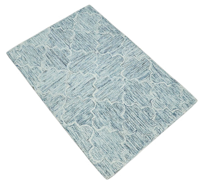 Ivory and Blue Modern Geometric Hand Tufted Multi Size Natural Wool Area Rug.