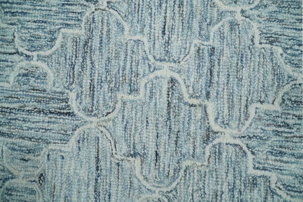 Ivory and Blue Modern Geometric Hand Tufted Multi Size Natural Wool Area Rug.