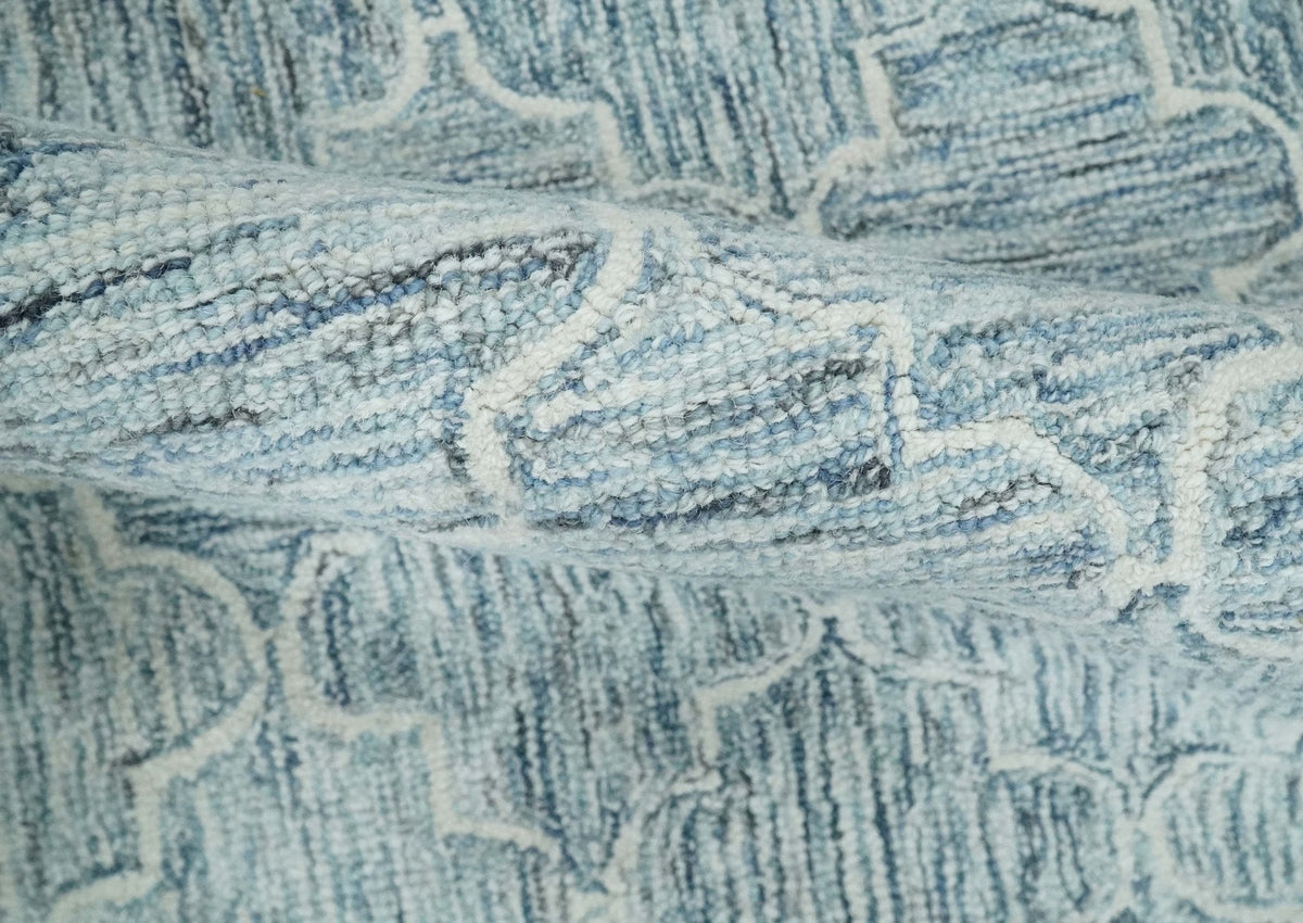 Ivory and Blue Modern Geometric Hand Tufted Multi Size Natural Wool Area Rug.
