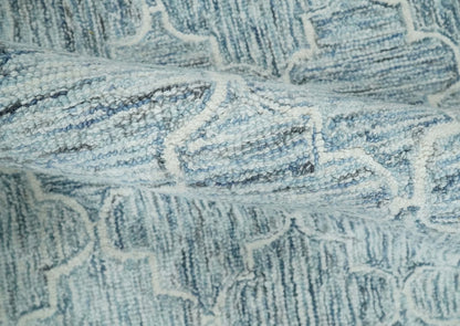 Ivory and Blue Modern Geometric Hand Tufted Multi Size Natural Wool Area Rug.