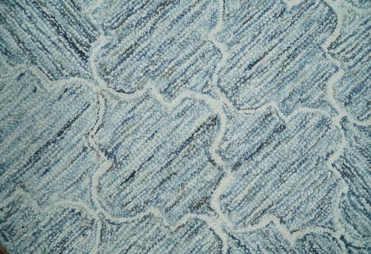 Ivory and Blue Modern Geometric Hand Tufted Multi Size Natural Wool Area Rug.
