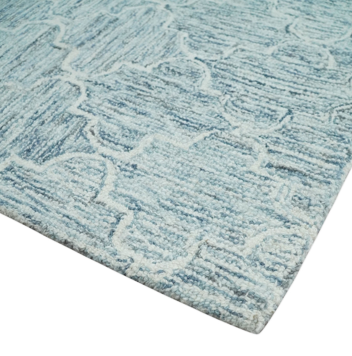 Ivory and Blue Modern Geometric Hand Tufted Multi Size Natural Wool Area Rug.
