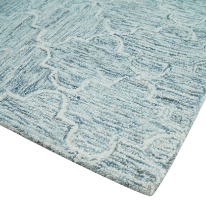 Ivory and Blue Modern Geometric Hand Tufted Multi Size Natural Wool Area Rug.