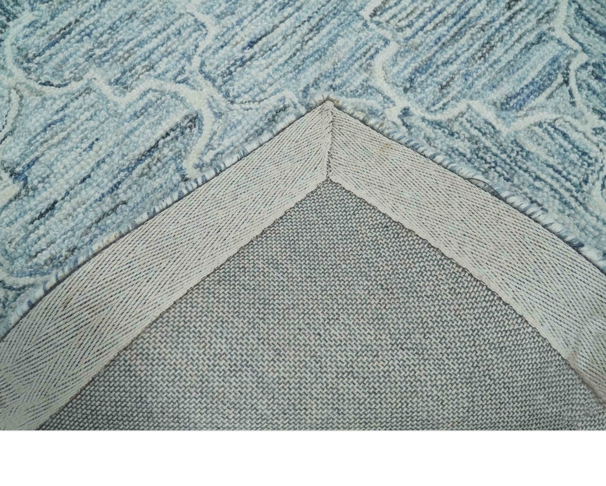 Ivory and Blue Modern Geometric Hand Tufted Multi Size Natural Wool Area Rug.