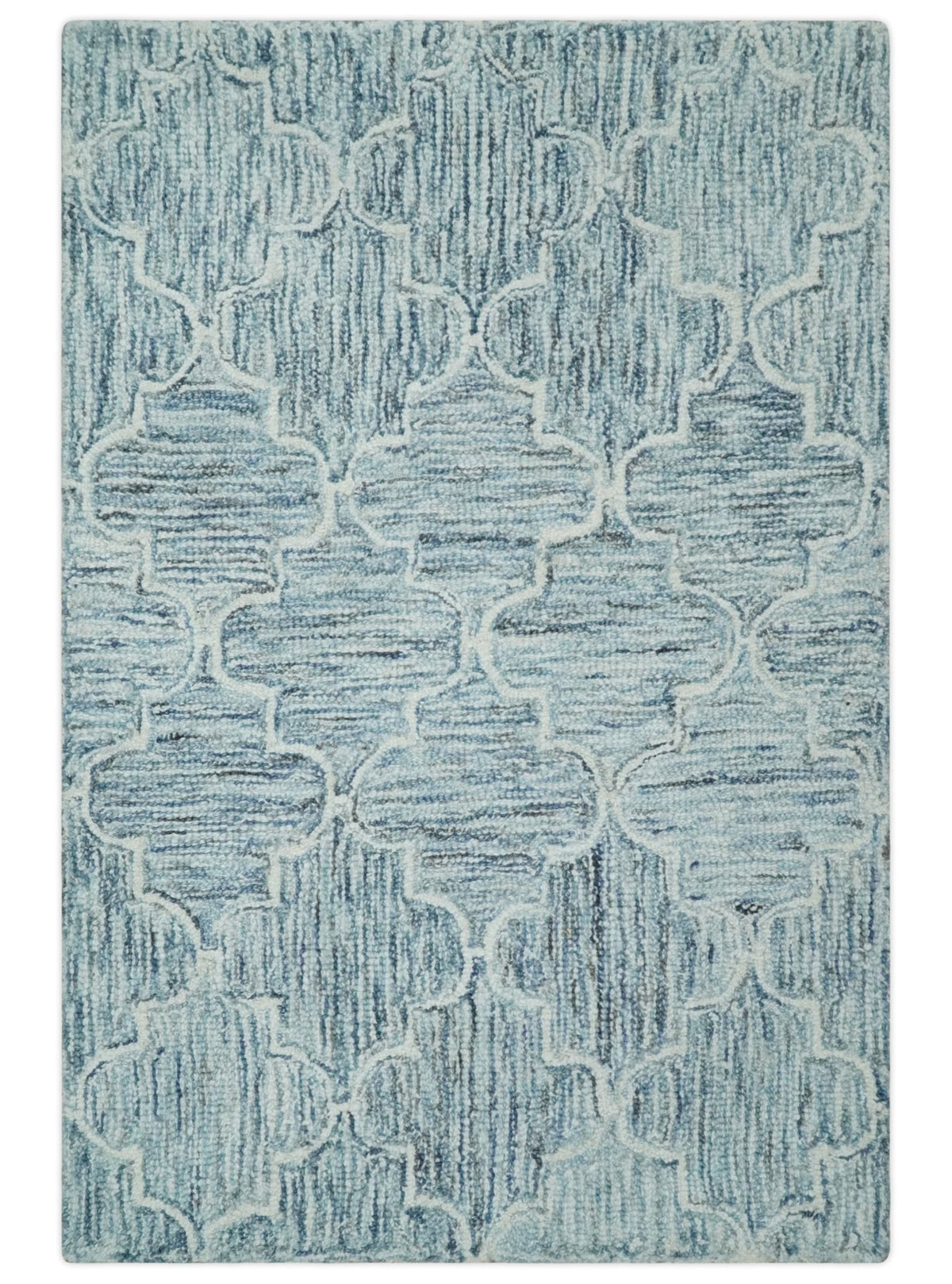 Ivory and Blue Modern Geometric Hand Tufted Multi Size Natural Wool Area Rug.