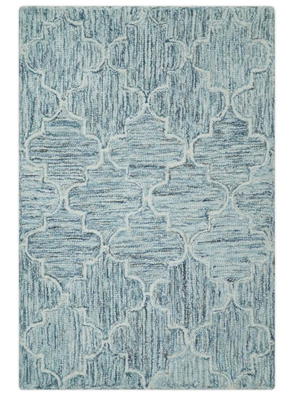 Ivory and Blue Modern Geometric Hand Tufted Multi Size Natural Wool Area Rug.