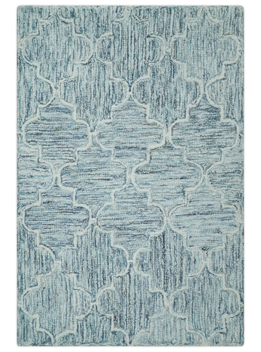 Ivory and Blue Modern Geometric Hand Tufted Multi Size Natural Wool Area Rug.