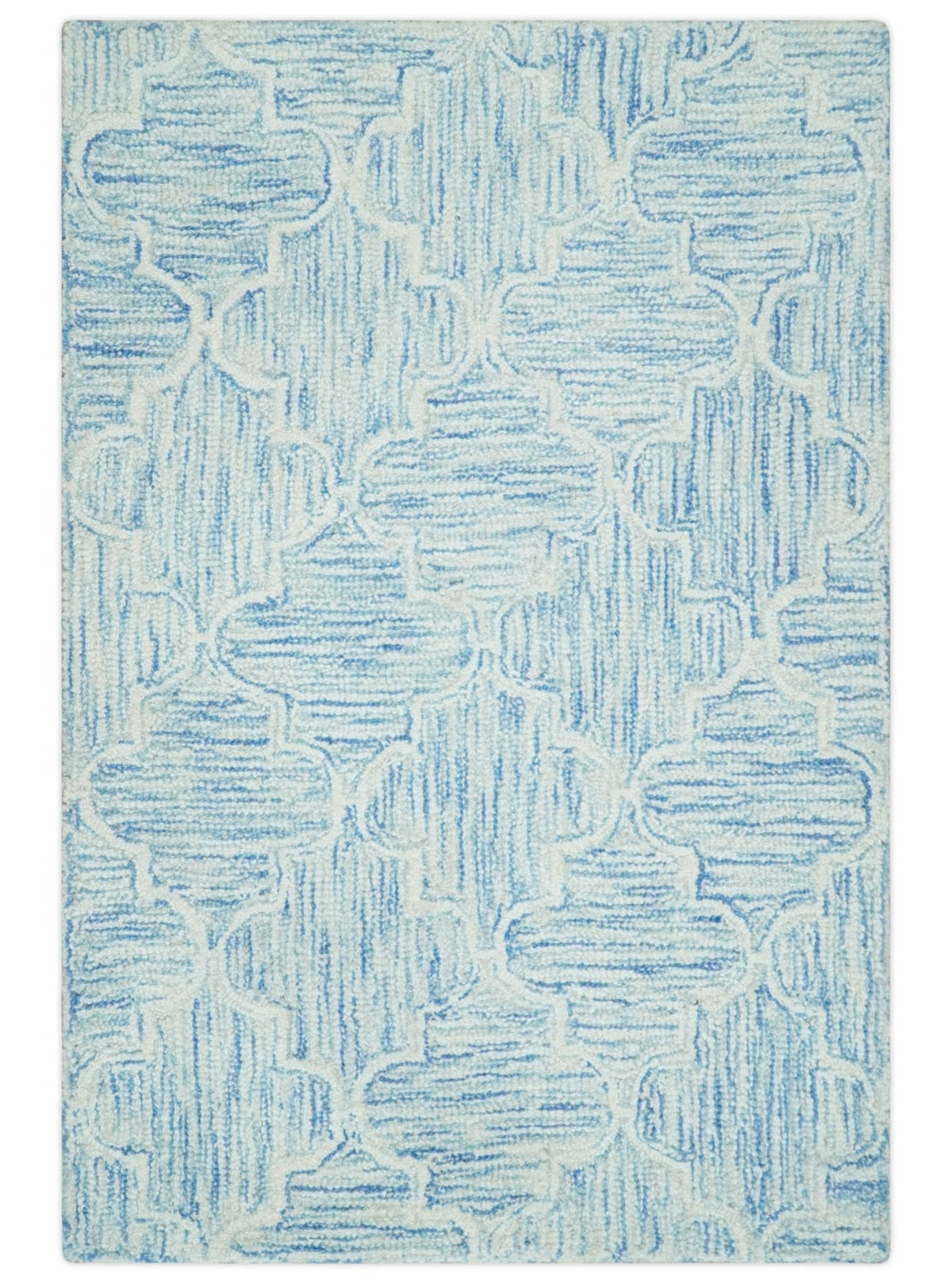Custom Made Ivory and Blue Modern Geometric Hand Tufted Natural Wool Area Rug.