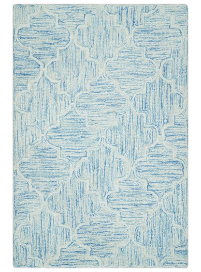 Custom Made Ivory and Blue Modern Geometric Hand Tufted Natural Wool Area Rug.