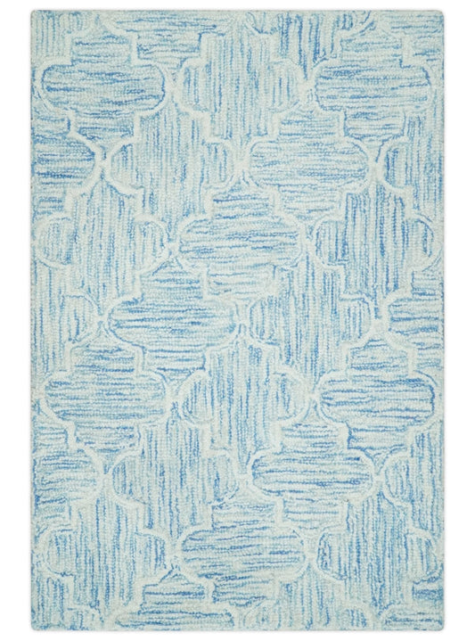 Custom Made Ivory and Blue Modern Geometric Hand Tufted Natural Wool Area Rug.