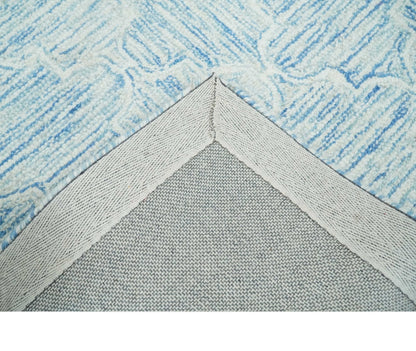Custom Made Ivory and Blue Modern Geometric Hand Tufted Natural Wool Area Rug.