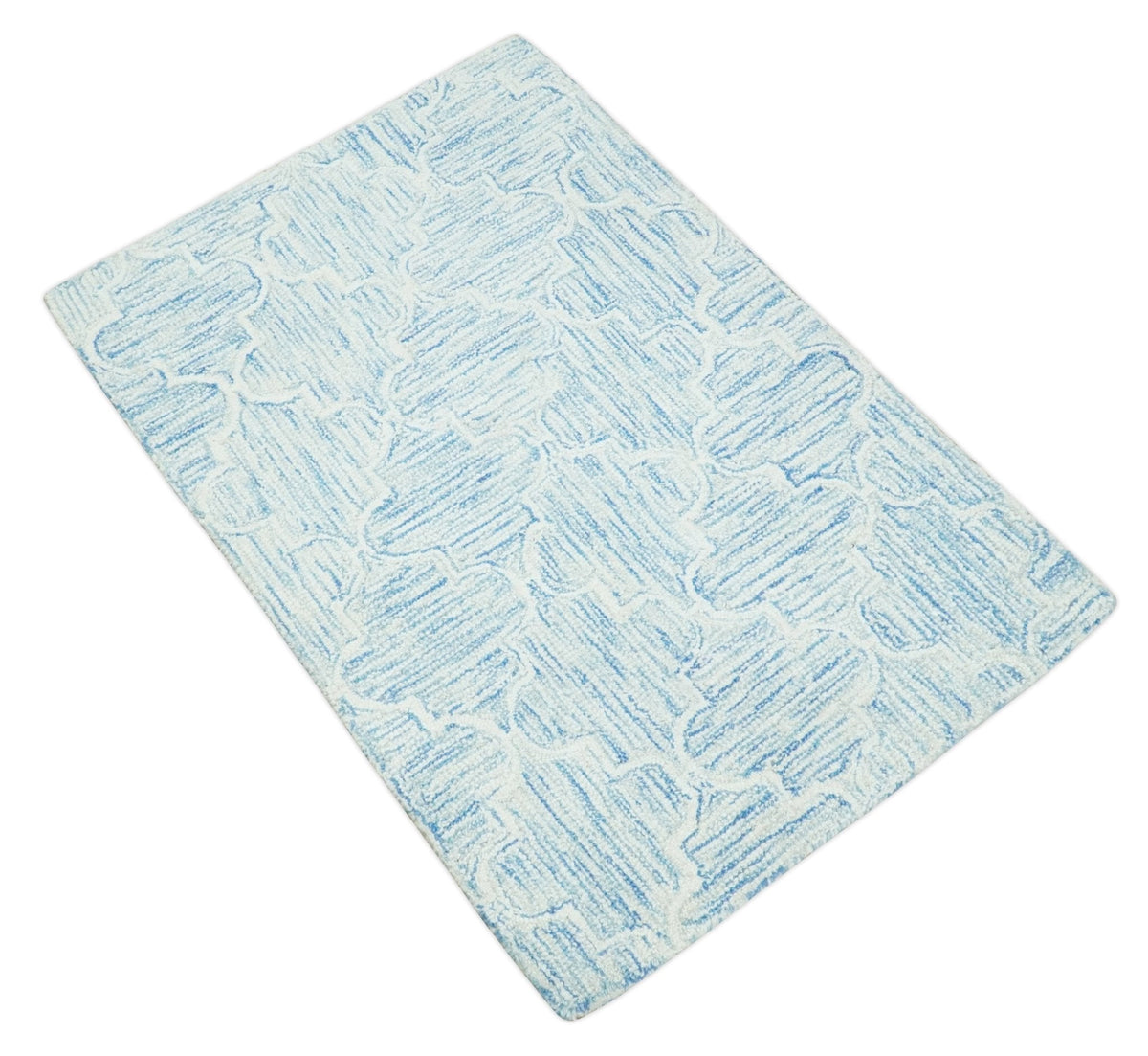 Custom Made Ivory and Blue Modern Geometric Hand Tufted Natural Wool Area Rug.
