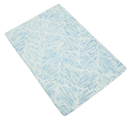 Custom Made Ivory and Blue Modern Geometric Hand Tufted Natural Wool Area Rug.