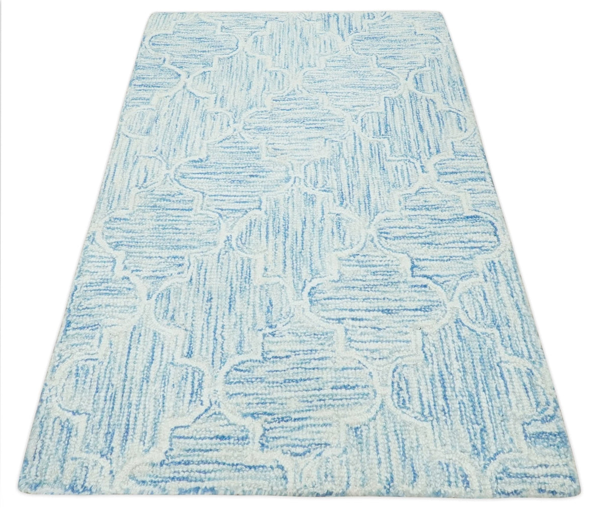 Custom Made Ivory and Blue Modern Geometric Hand Tufted Natural Wool Area Rug.