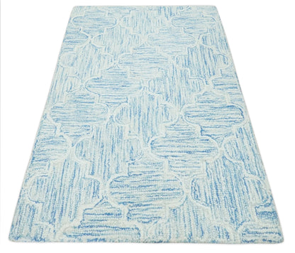Custom Made Ivory and Blue Modern Geometric Hand Tufted Natural Wool Area Rug.