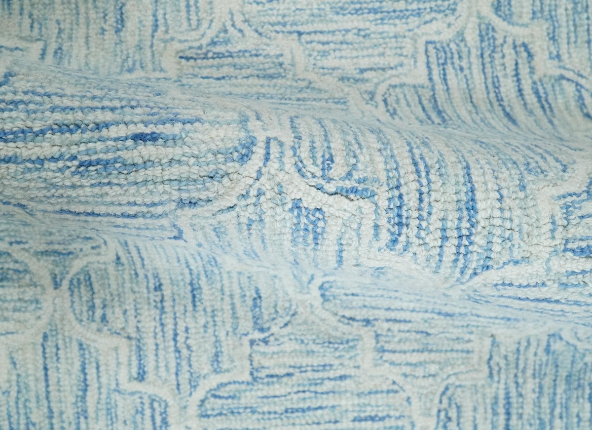 Custom Made Ivory and Blue Modern Geometric Hand Tufted Natural Wool Area Rug.