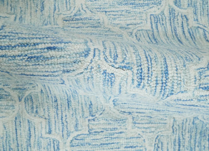 Custom Made Ivory and Blue Modern Geometric Hand Tufted Natural Wool Area Rug.