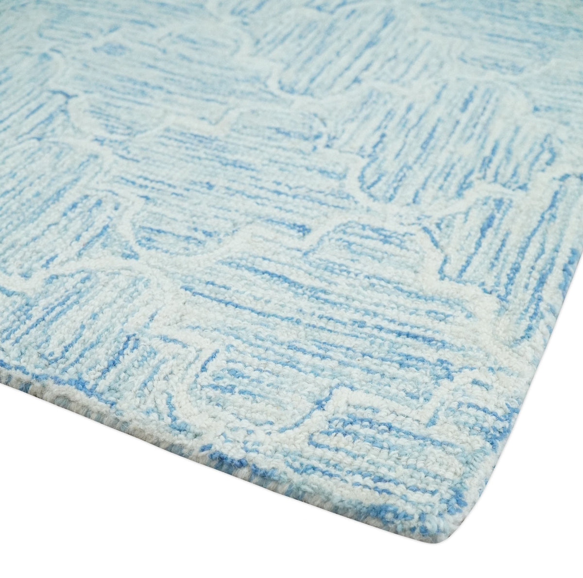 Custom Made Ivory and Blue Modern Geometric Hand Tufted Natural Wool Area Rug.