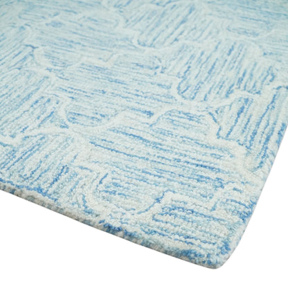 Custom Made Ivory and Blue Modern Geometric Hand Tufted Natural Wool Area Rug.