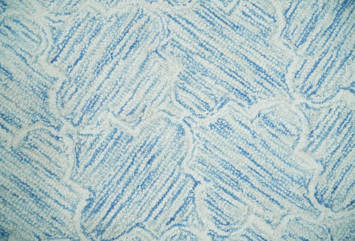 Custom Made Ivory and Blue Modern Geometric Hand Tufted Natural Wool Area Rug.