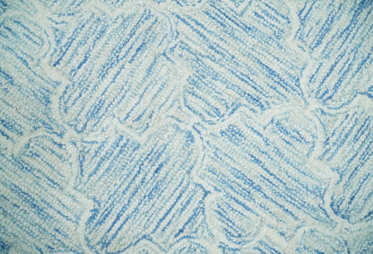 Custom Made Ivory and Blue Modern Geometric Hand Tufted Natural Wool Area Rug.