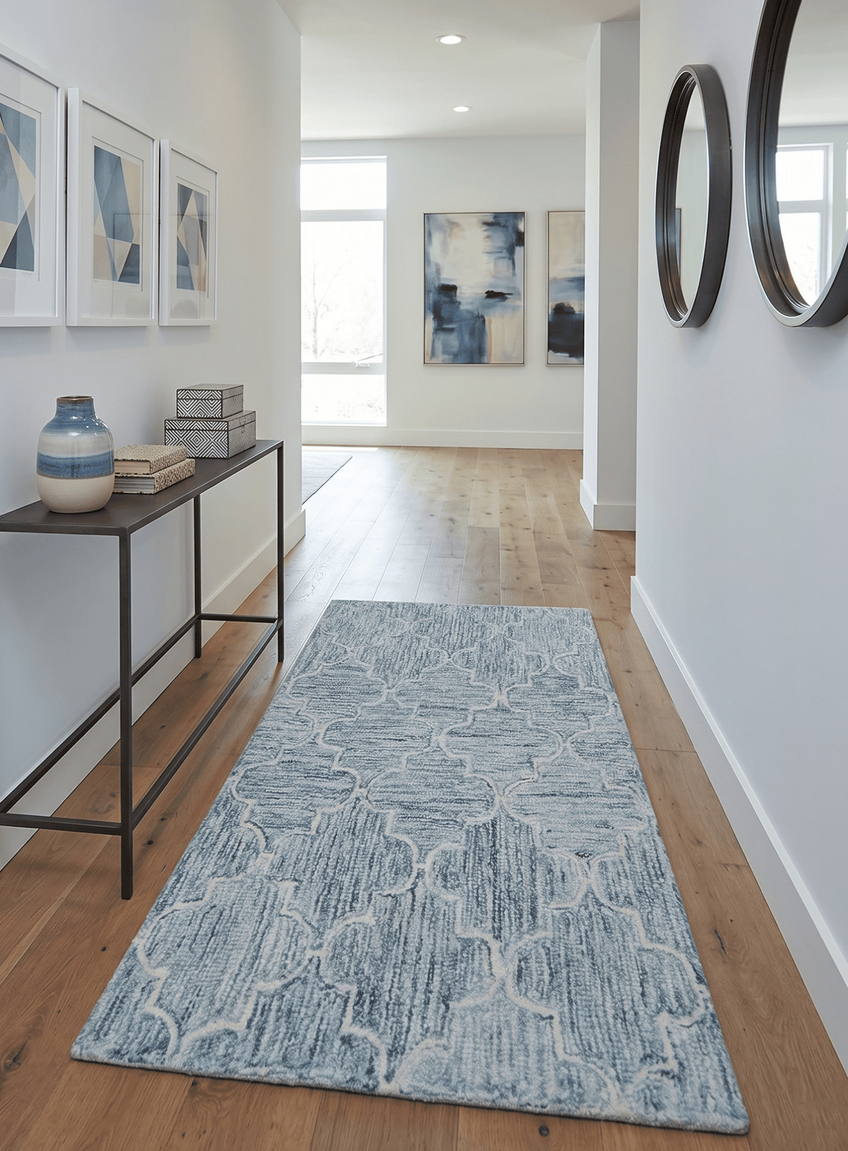 Ivory and Blue Modern Geometric Hand Tufted Multi Size Natural Wool Area Rug.