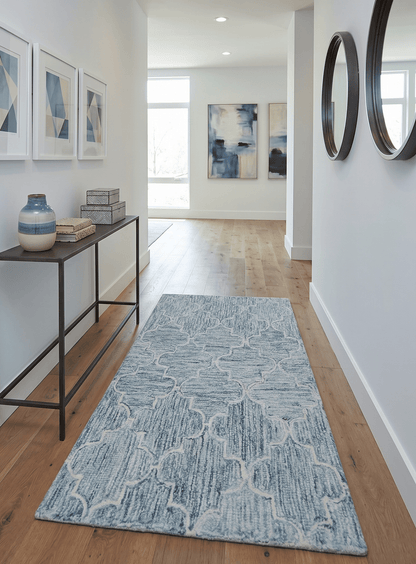 Ivory and Blue Modern Geometric Hand Tufted Multi Size Natural Wool Area Rug.