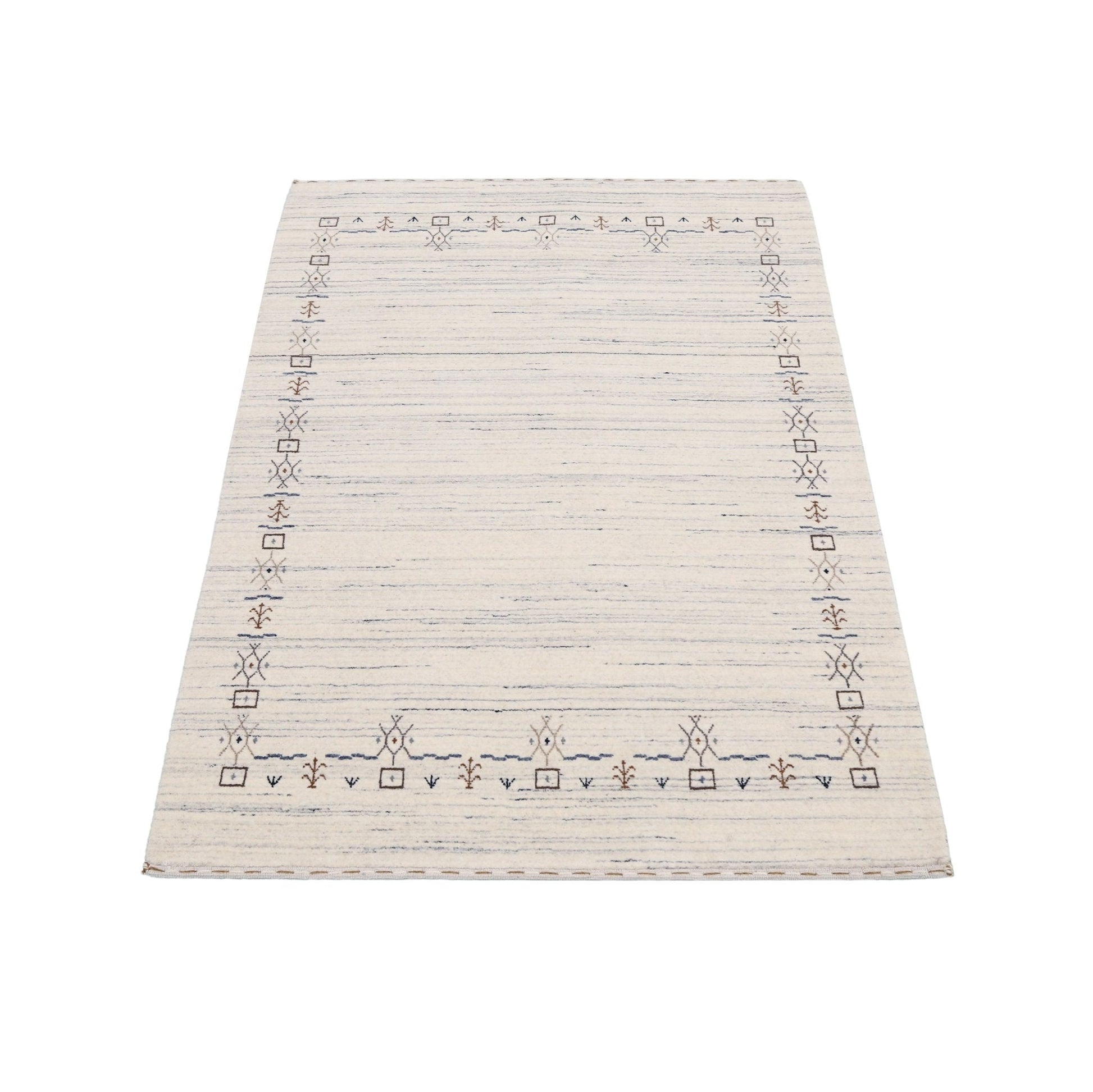 Ivory And Blue Tribal Border Design Hand Loomed Wool Area Rug.