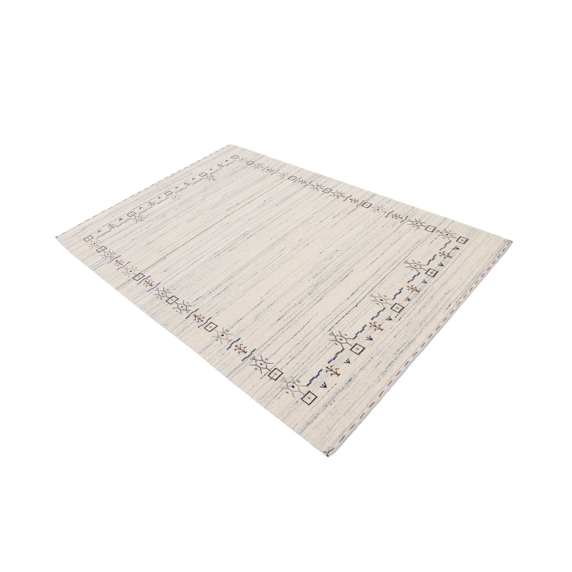Ivory And Blue Tribal Border Design Hand Loomed Wool Area Rug.