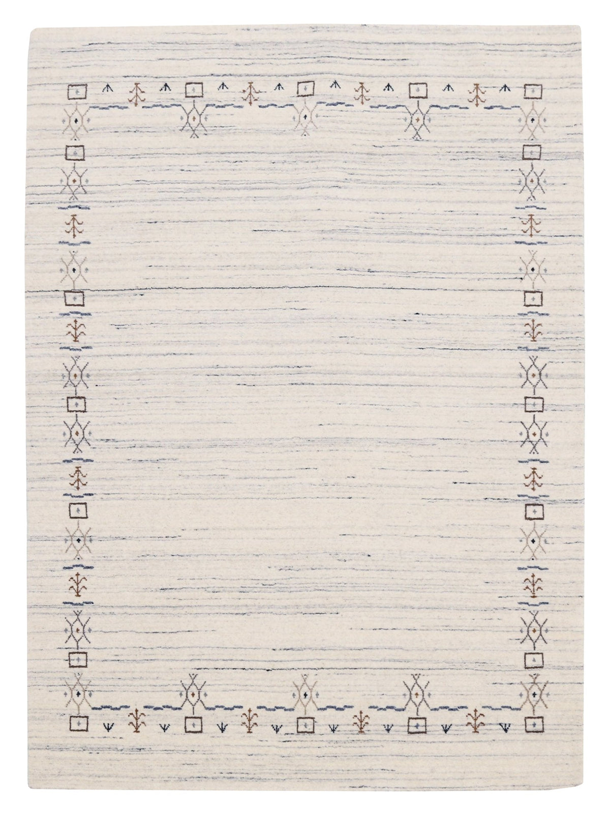 Ivory And Blue Tribal Border Design Hand Loomed Wool Area Rug.