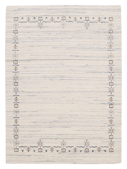 Ivory And Blue Tribal Border Design Hand Loomed Wool Area Rug.
