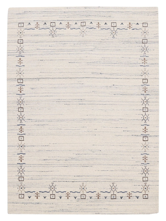 Ivory And Blue Tribal Border Design Hand Loomed Wool Area Rug.