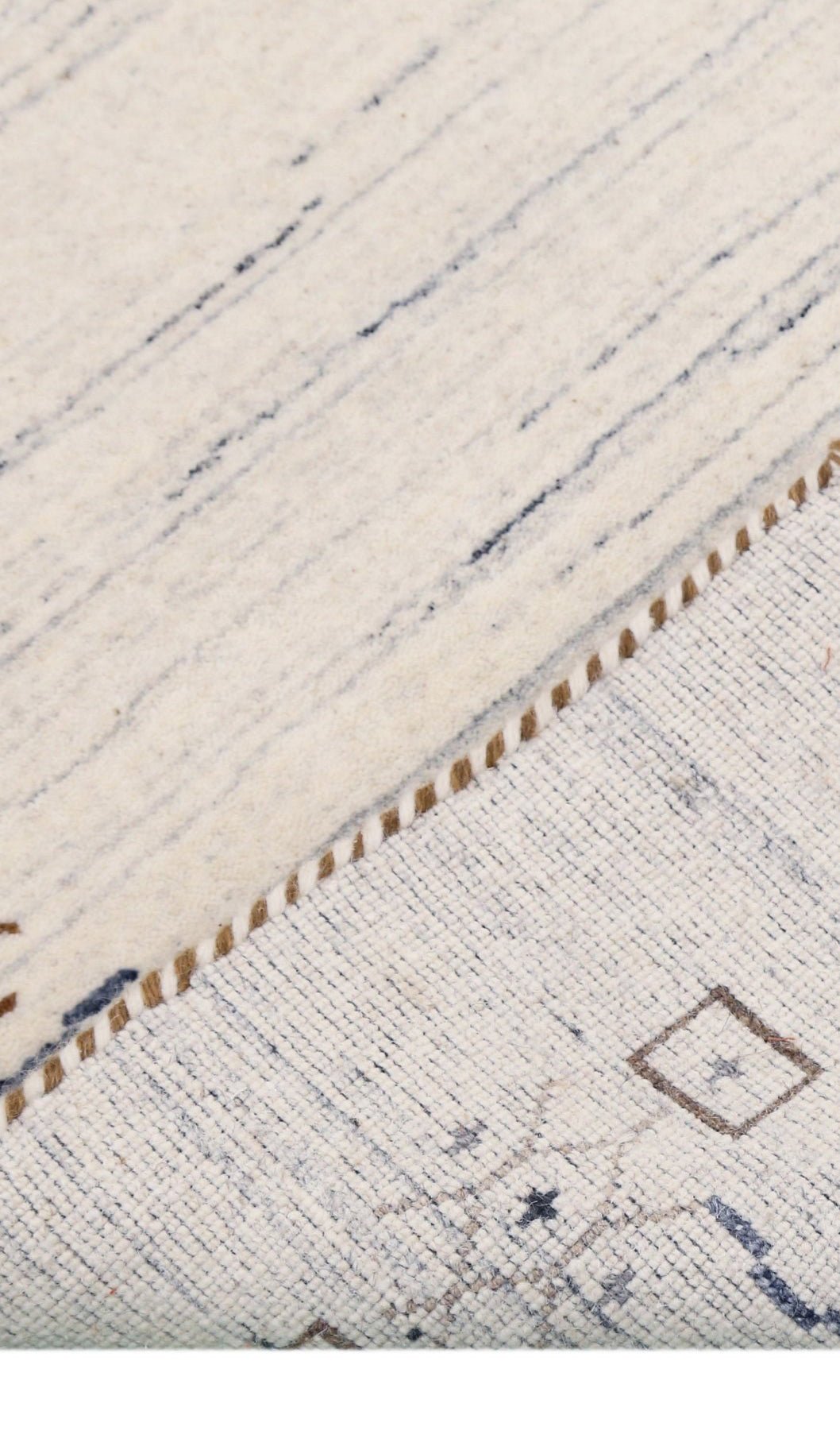 Ivory And Blue Tribal Border Design Hand Loomed Wool Area Rug.