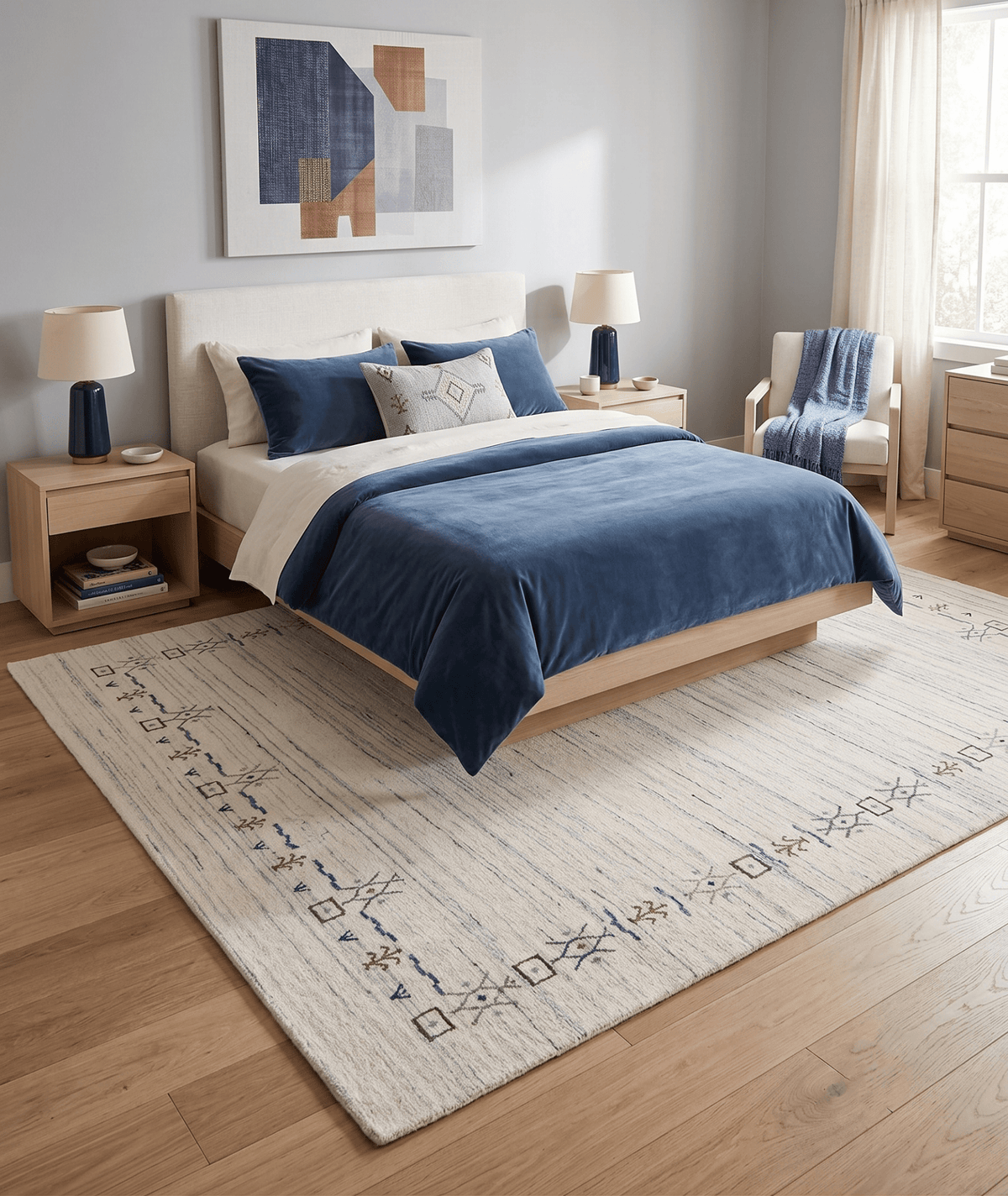Ivory And Blue Tribal Border Design Hand Loomed Wool Area Rug.