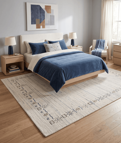 Ivory And Blue Tribal Border Design Hand Loomed Wool Area Rug.