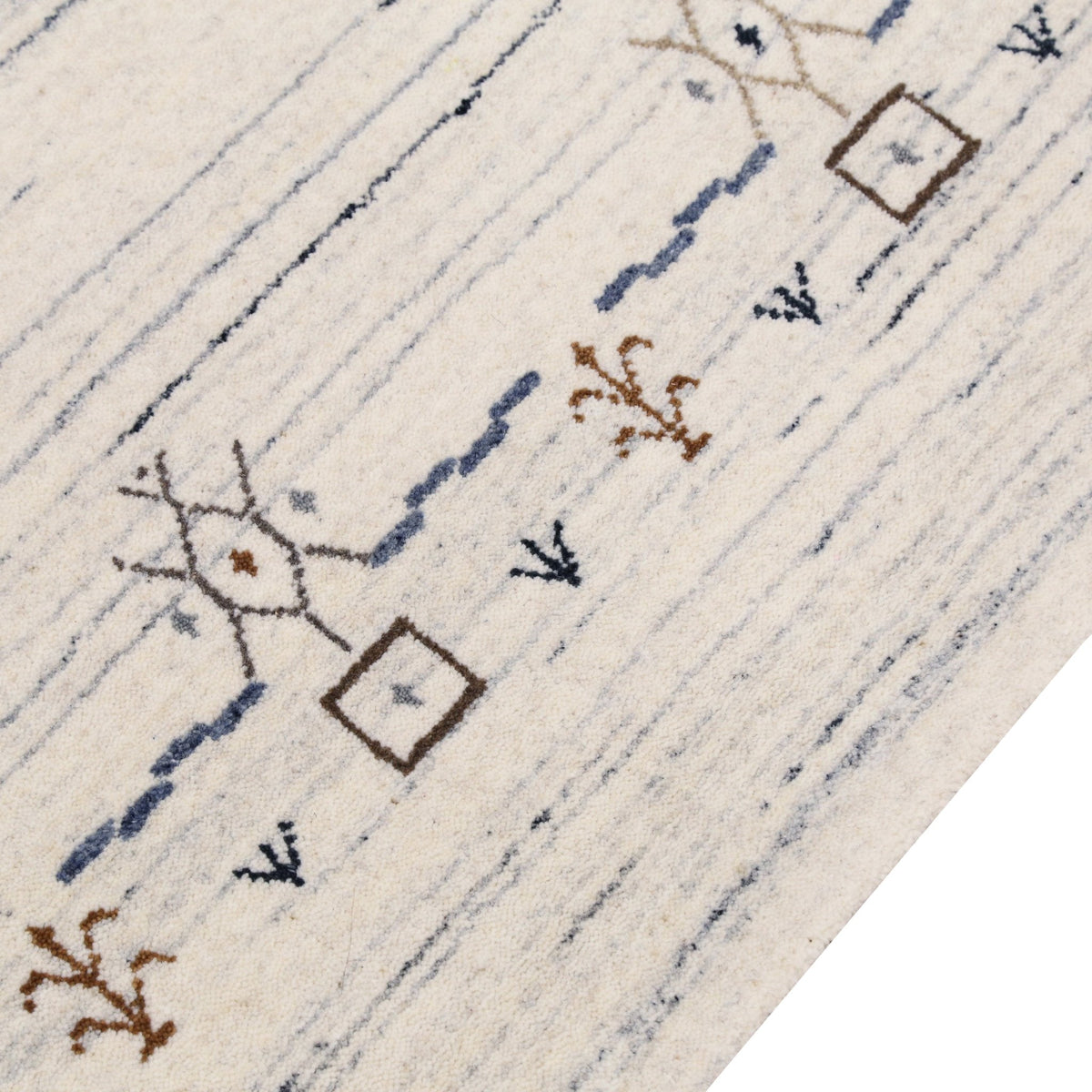 Ivory And Blue Tribal Border Design Hand Loomed Wool Area Rug.