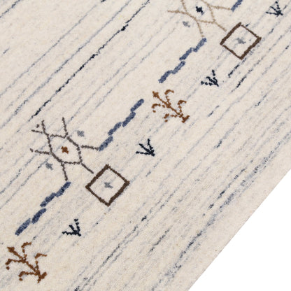Ivory And Blue Tribal Border Design Hand Loomed Wool Area Rug.
