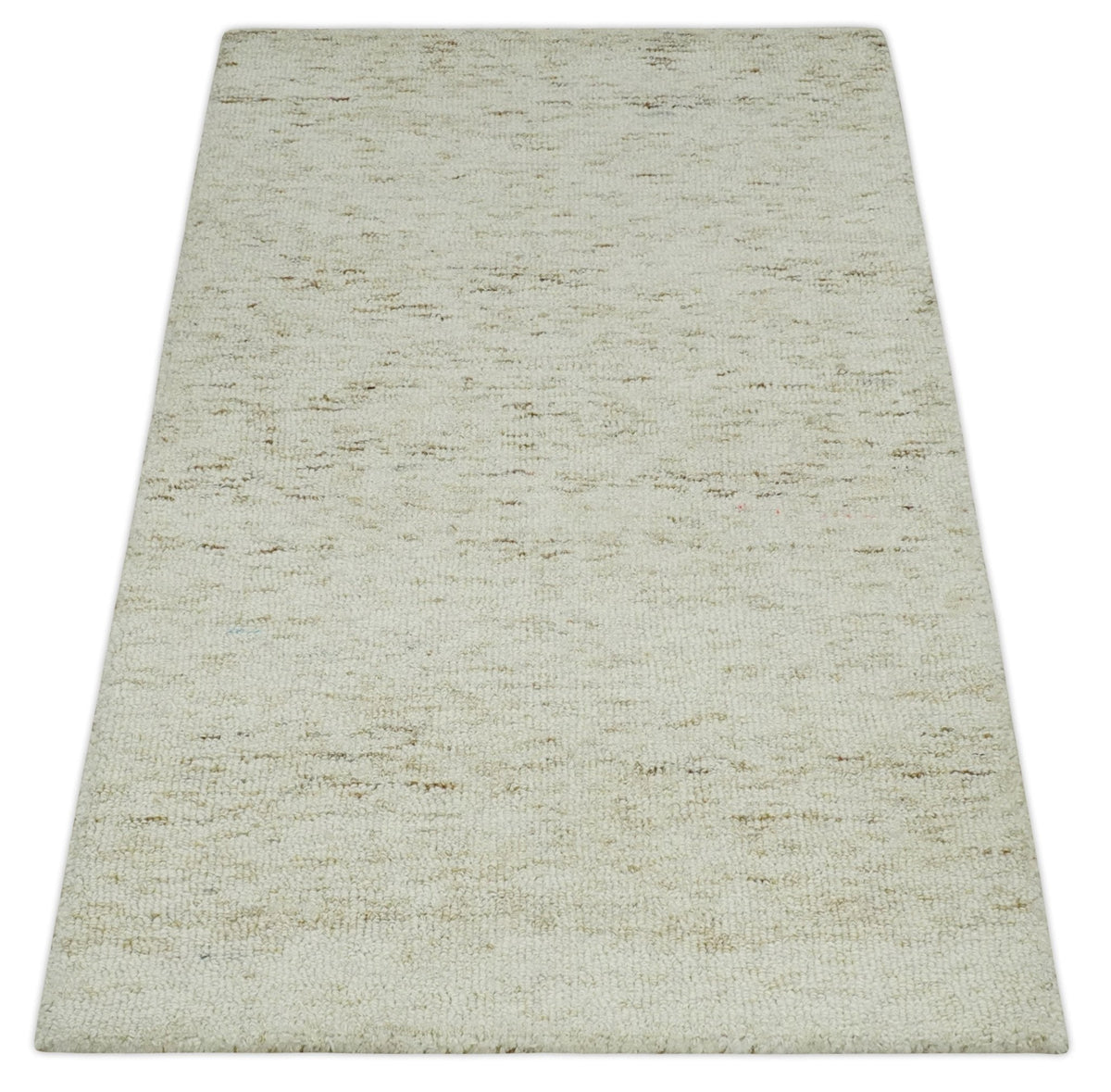 Beige and Brown Modern Abstract Hand Tufted Natural Wool Area Rug.