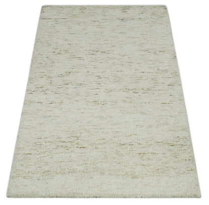 Beige and Brown Modern Abstract Hand Tufted Natural Wool Area Rug.