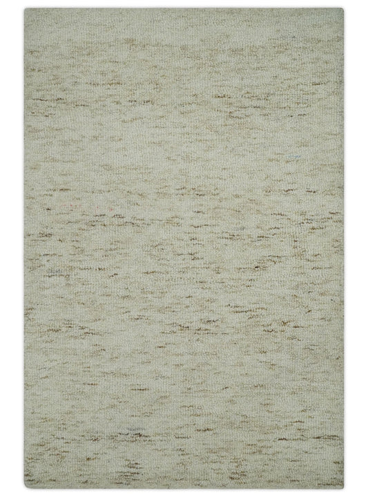 Beige and Brown Modern Abstract Hand Tufted Natural Wool Area Rug.